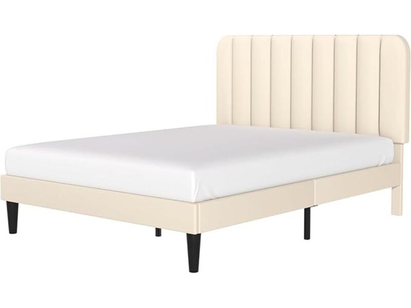 Full Upholstered Bed Frame &ndash; Velvet Platform with Tufted Headboard & Slat Support, Beige image number 0