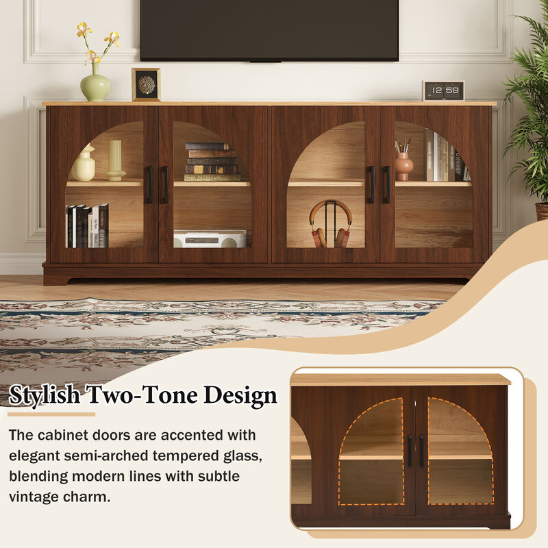 TATEUS Elegant Farmhouse Media Sideboard with Semi-Arched Glass Doors, 70" TV Stand Cable Management image number 2