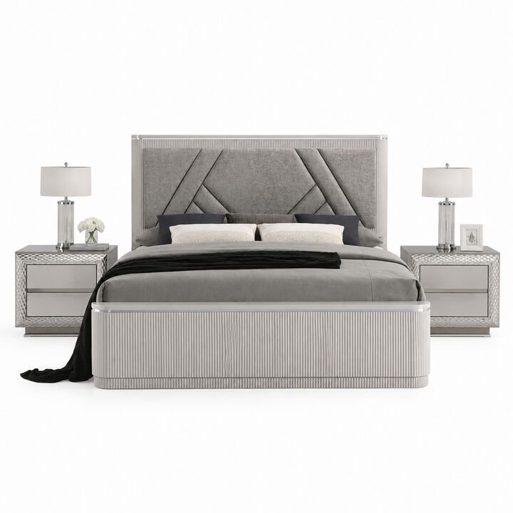 Queen Bedroom Set, Gray, Silver Wood, 3 Piece Set with 2 Nightstands