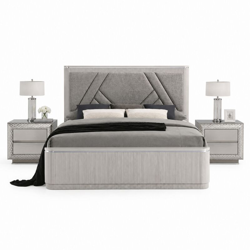 Queen Bedroom Set, Gray, Silver Wood, 3 Piece Set with 2 Nightstands image number 0