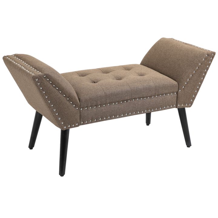 Modern Button Tufted Sitting Bench/Accent Fabric Upholstered Ottoman for Bedroom or Living Room  Brown