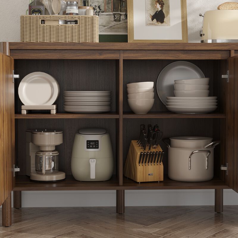 FUFU&GAGA Round Leg 2-Door 3-Drawer Cabinet with Painted Rubberwood Legs, 15mm Particleboard Construction, and Faux Thick Panel, (59"W x 16.5"D x 30.9"H) , Brown image number 6