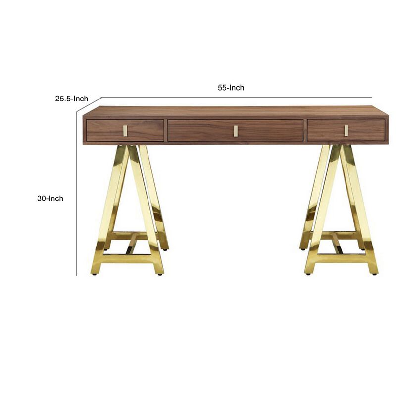 Ile 55 Inch Desk with 3 Storage Drawers, Brown Wood Veneer, Gold Metal - Benzara