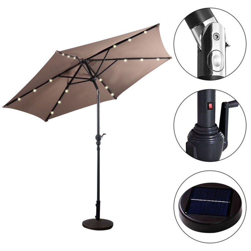 LED Solar Market Umbrella, Outdoor Sunshade with Built-In Lights & Crank Handle