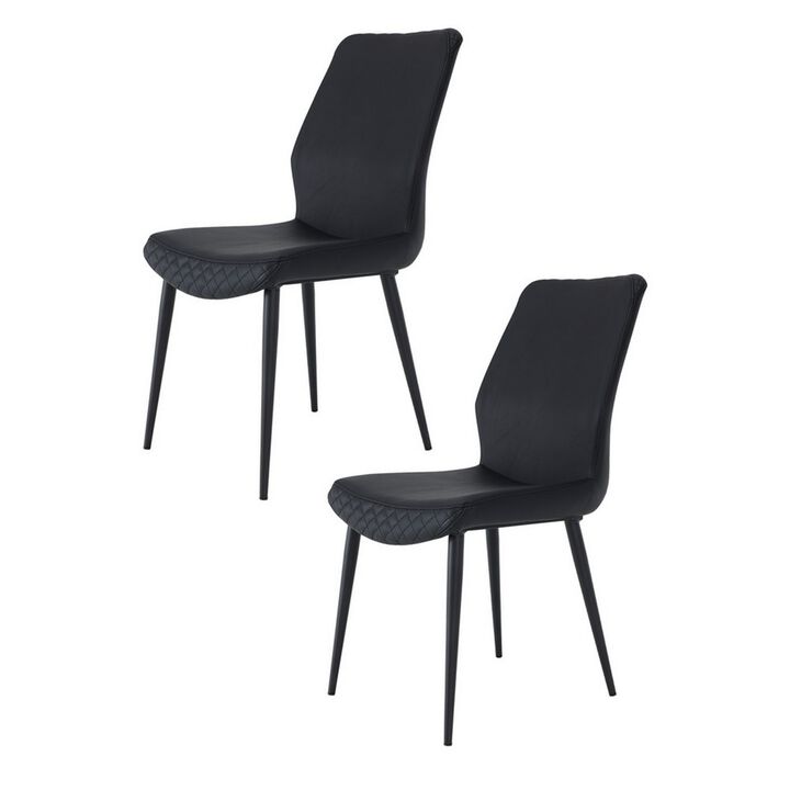 Rura 25 Inch Dining Chair Set of 2, Diamond Quilted Black Faux Leather - Benzara