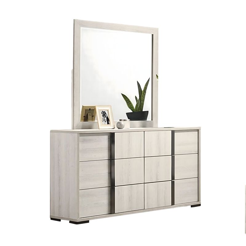 Hyao 4pc Queen Bedroom Set w LED Headboard, Whitewash, Dresser Mirror image number 4