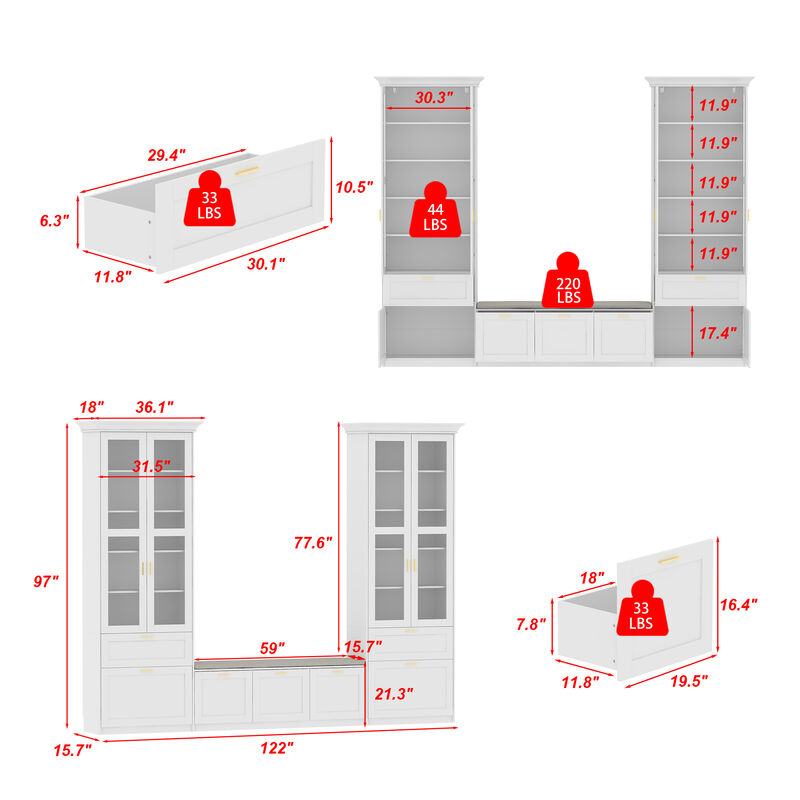 FUFU&GAGA Grand Wardrobe with Glass Doors, Soft Matte Finish, P2 MDF Construction, Gold Handles & Cushioned Nook (122"W x 97"H x 15.7"D),White