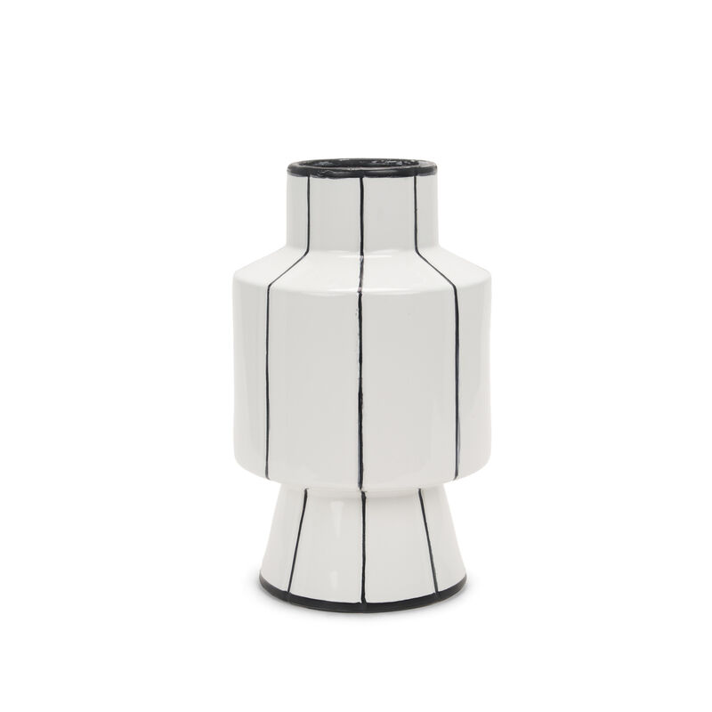 HomeRoots 13" White And Black Striped Ceramic Cylinder Table Vase image number 2