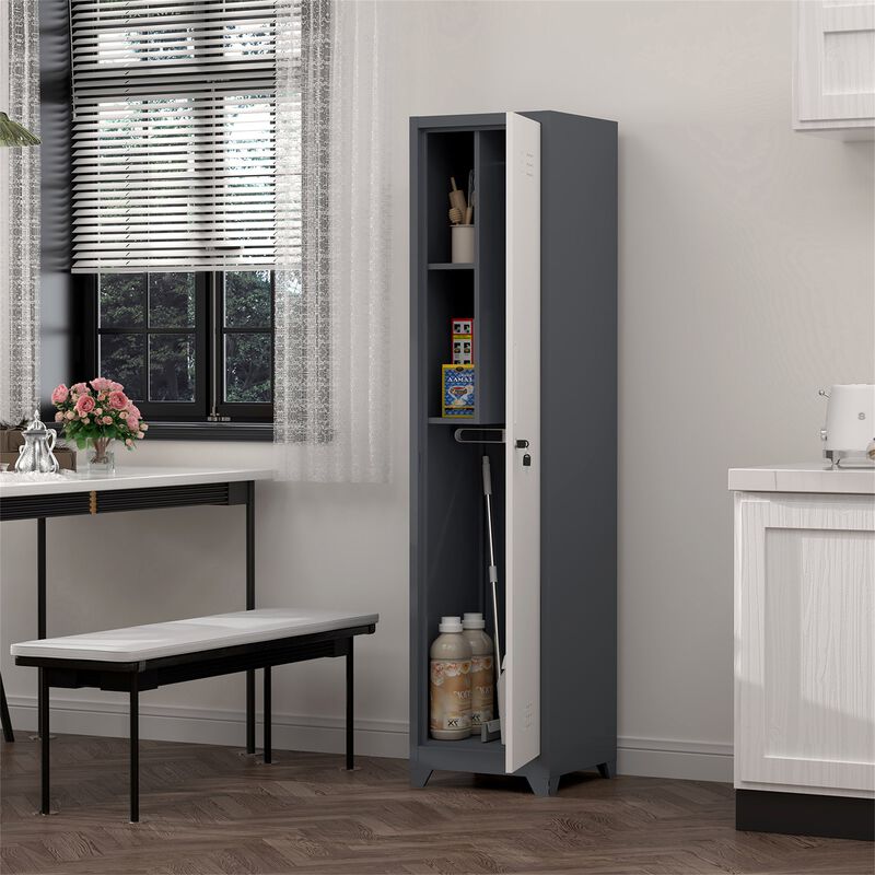 65" Narrow Broom Metal Cleaning Storage Cabinet With Hooks image number 2