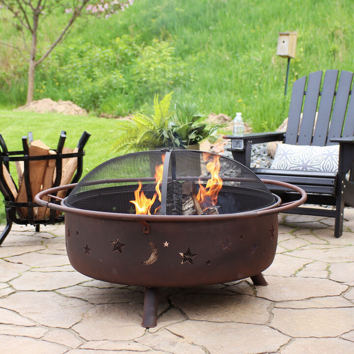 Sunnydaze 42 in Cosmic Steel Fire Pit with Spark Screen and Poker