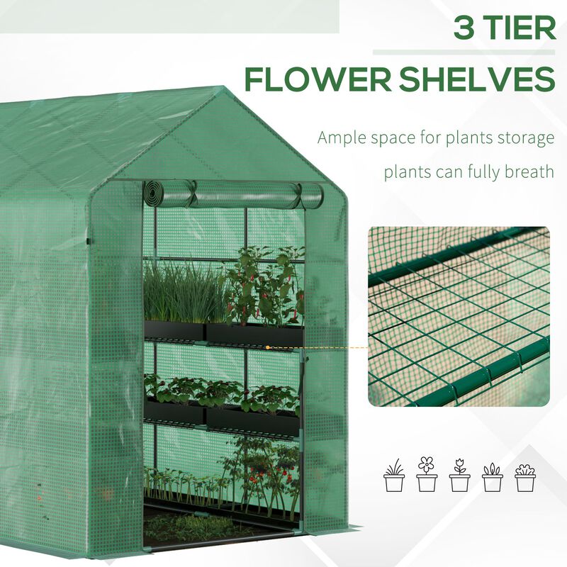 Outsunny 7' x 5' x 6' Walk-in Greenhouse with Mesh Door and Windows, 18 Shelf Hot House with Trellis, Plant Labels, UV protective for Growing Flowers, Herbs, Vegetables, Saplings, Green