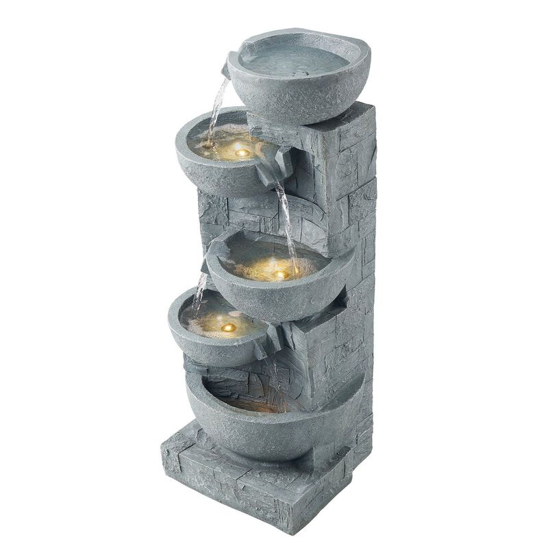 5-Tier Outdoor Water Fountain with LED Light, Cascading Bowl Design for Garden Patio image number 8