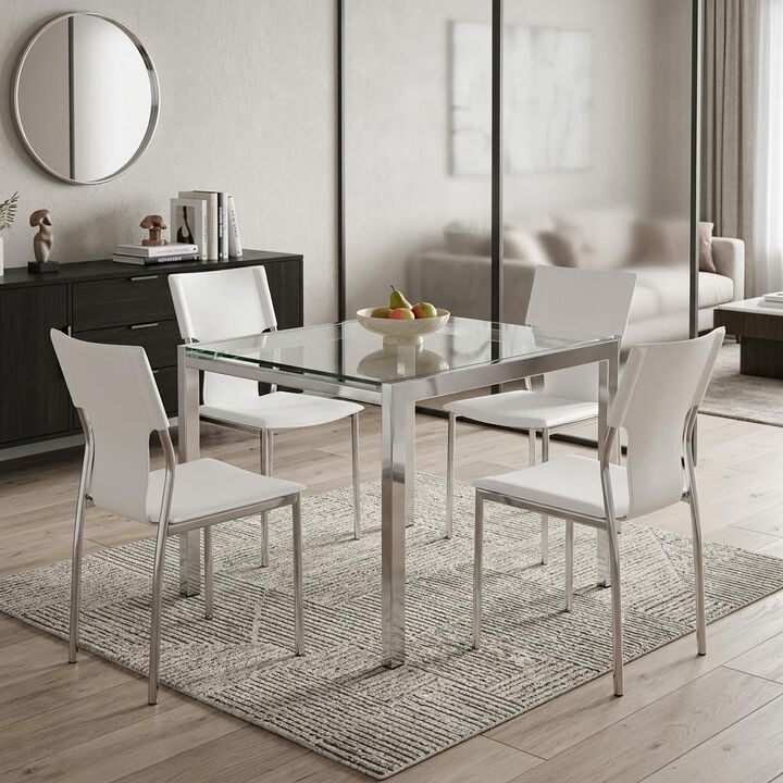 HomeRoots Set of Four White and Silver Metal and Leather Dining Side Chairs