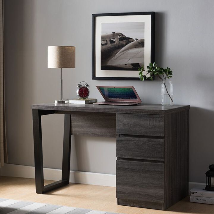 Distressed Grey & Black Home Office Computer Desk with 3 Drawers