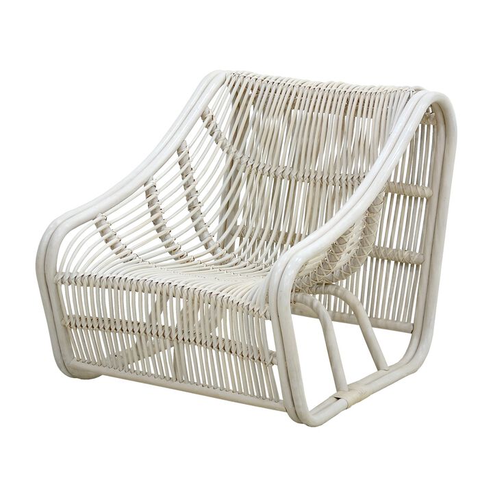 32 Inch Accent Chair, Woven Wicker, Curved Back, Sleigh Base, Modern, White-Benzara