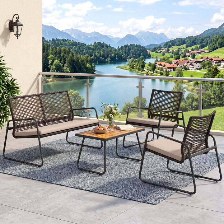 4-Piece Mix Brown Outdoor Furniture Set with Acacia Table and Zippered Cushions