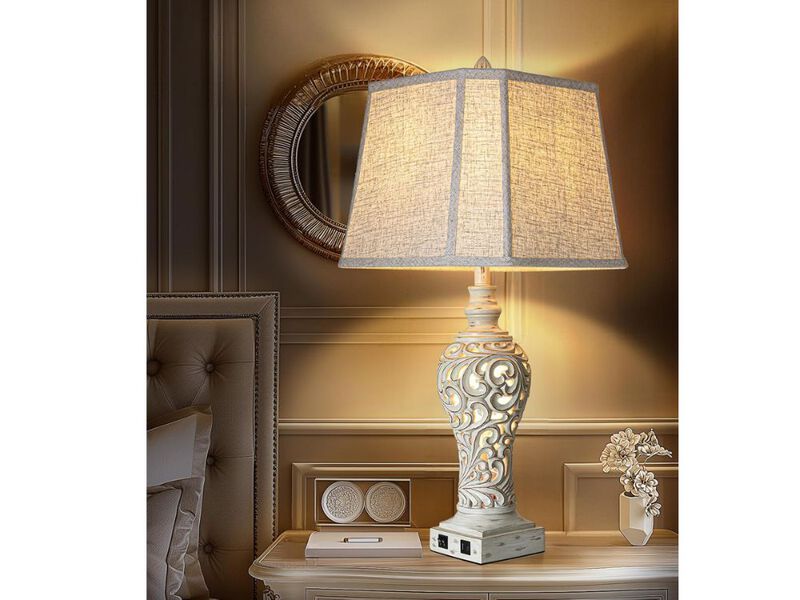 32" Tall Table Lamps &ndash; Set of 2 with USB, Nightlight & Fabric Shades