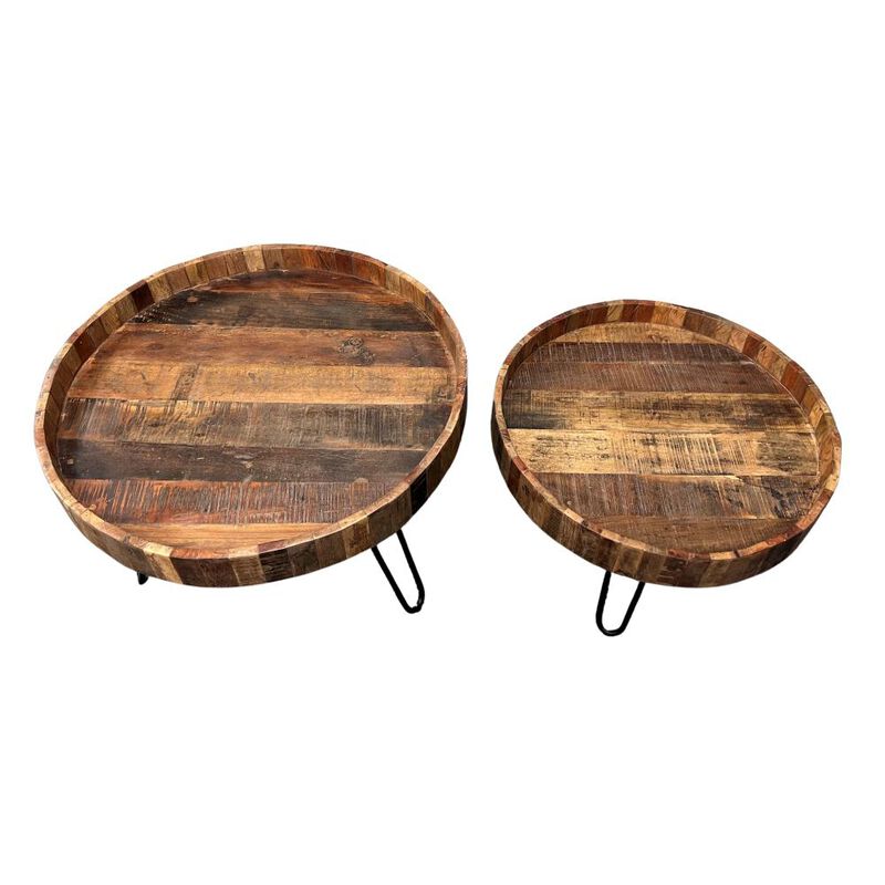 Set of 2 Solid Wood and Iron Round End Tables, Perfect for Living Room or Bedroom