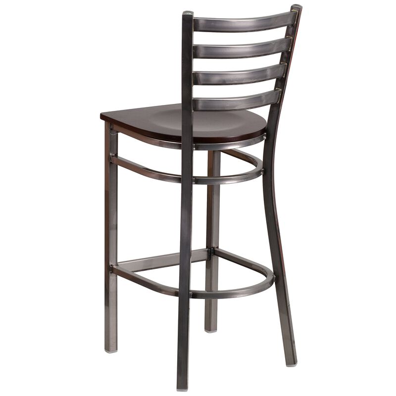 Flash Furniture HERCULES Series Clear Coated Ladder Back Metal Restaurant Barstool - Walnut Wood Seat