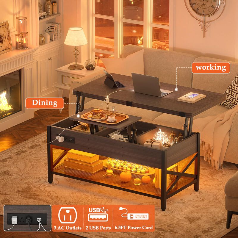 Aheaplus Coffee Table Lift Top Multi-Function Coffee Table Converts to Dining Table, with LED Light and Power Outlet, Center Tab