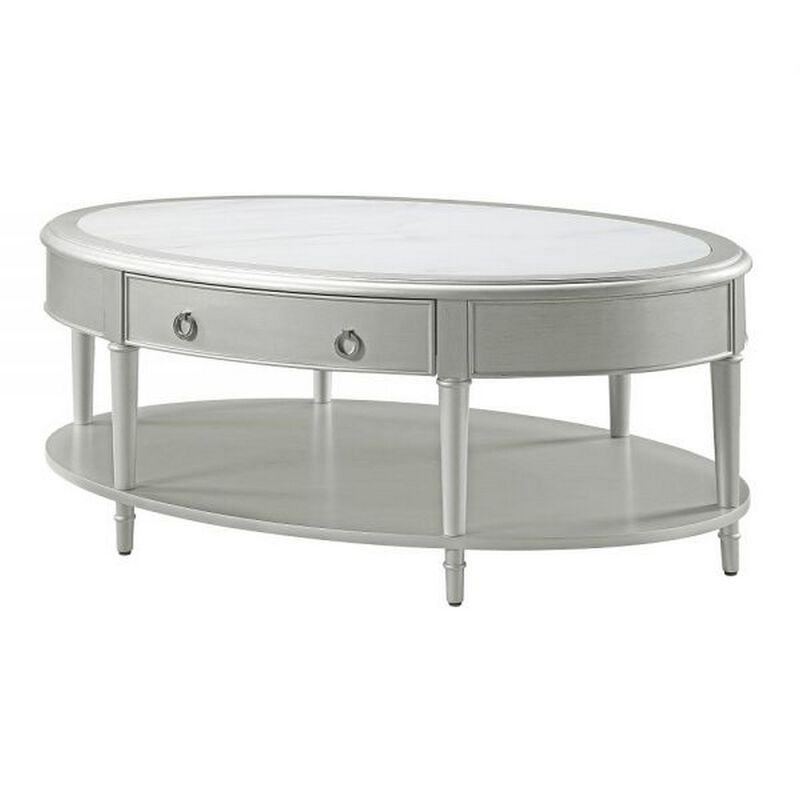 Kyna 50 Inch Coffee Table, Sintered Top, 1 Drawer, Classic Oval, Silver image number 1