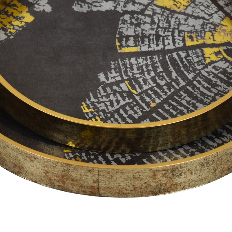 Archy Round Tray, Set of 2, Abstract Patterns, Black-Gold Polyurethane image number 6