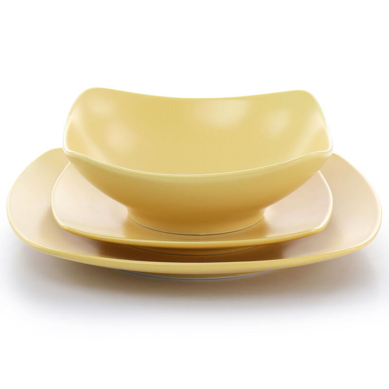 Gibson Home Zen Buffetware 12 Piece Square Fine Ceramic Dinnerware Set in Matte Yellow