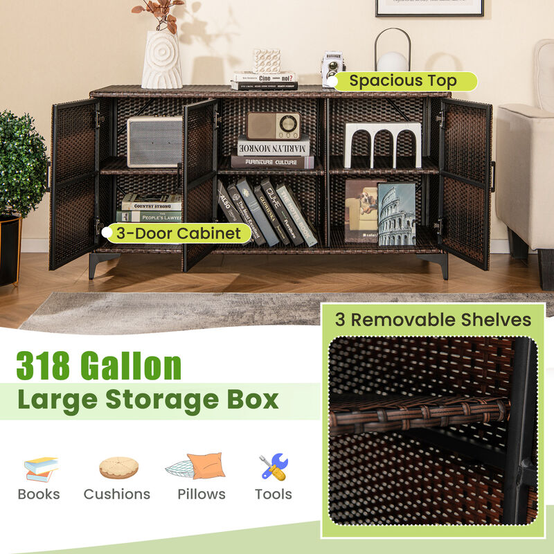 84 Gallon Patio Wicker Deck Box 3-Door PE Rattan Storage Container with Removable Shelves-Brown