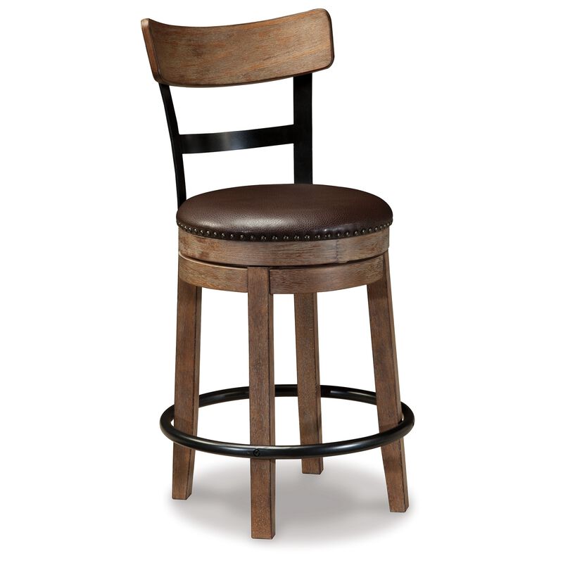Pine Swivel Counter Height Stool Chair, 24 Inch, Brown Faux Leather  - Benzara