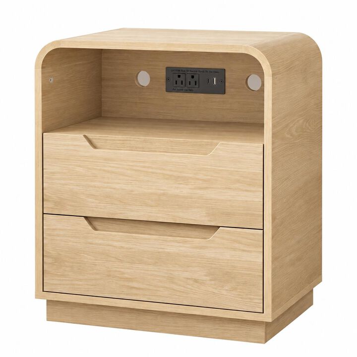 HomeRoots Ashen Fold Wood Two Drawer Nightstand with USB Port and Integrated Tech
