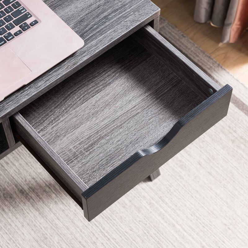 Distressed Grey & Black Home Office Desk with Lifted Shelf and USB/Power Outlet
