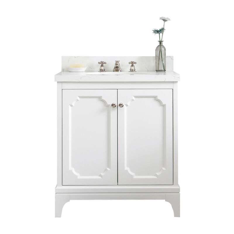 Queen 30 In. Single Sink Sink Carrara Quartz Countertop Bath Vanity in Pure White with Polished Nickel (PVD) Hardware