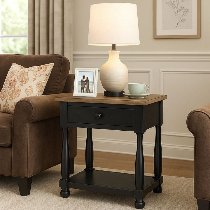 Ginie Nightstand, USB Ports and Drawer, Shelf, Black Rustic Oak Wood