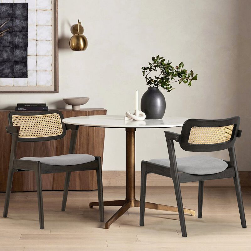 Glamour Home Set of 2 Azula Gray Fabric Dining Chair with Rattan Back and Black Wood Legs