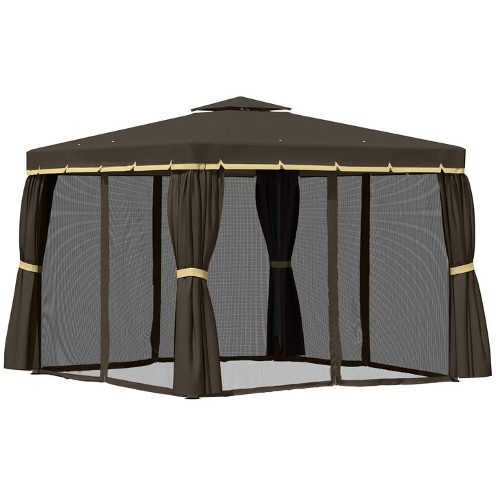 10' Patio Gazebo, Aluminum Shelter, Mesh Curtains, 2 Tier Polyester Roof, Coffee