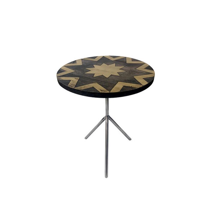 Benjara 19 Inch Side Tables Set of 2, Inlay Designs, Metal Tripod Base, Wood, Black, Brown and Beige