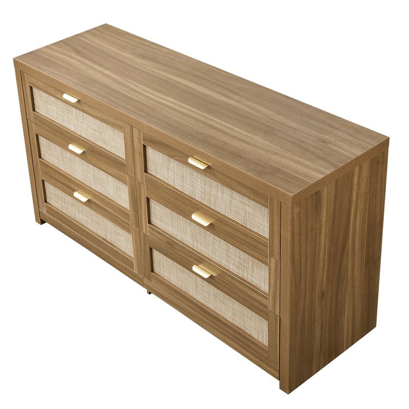 Modern Wood Rattan Dresser with 6 Drawers Clothing Organizer image number 3
