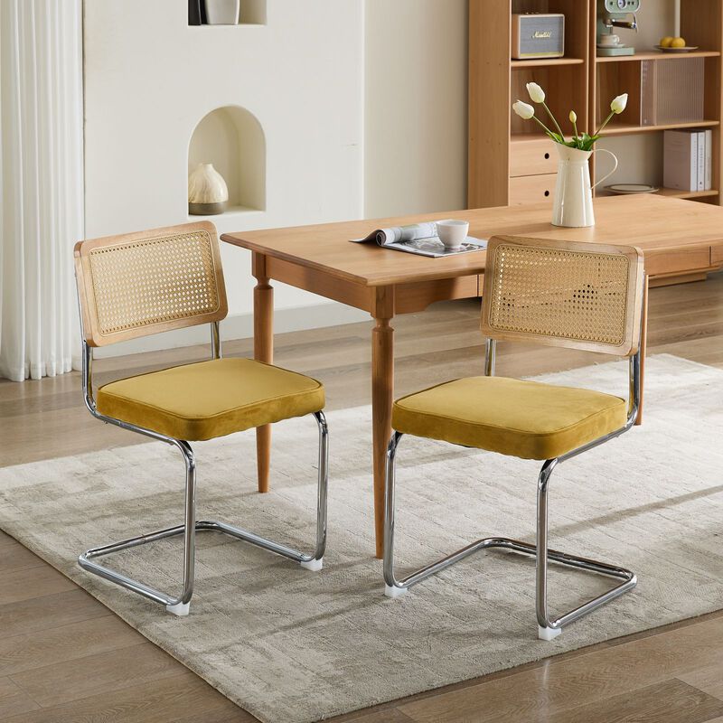 Whisen 2-Piece Mid Century Dining Chairs, Velvet Upholstered with Cane Back & Chrome Base, Cantilever Design for Kitchen image number 5
