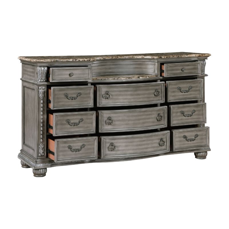 Toga 69 Inch Dresser with 11 Drawers, Gray Acacia Wood, Carved Details - Benzara