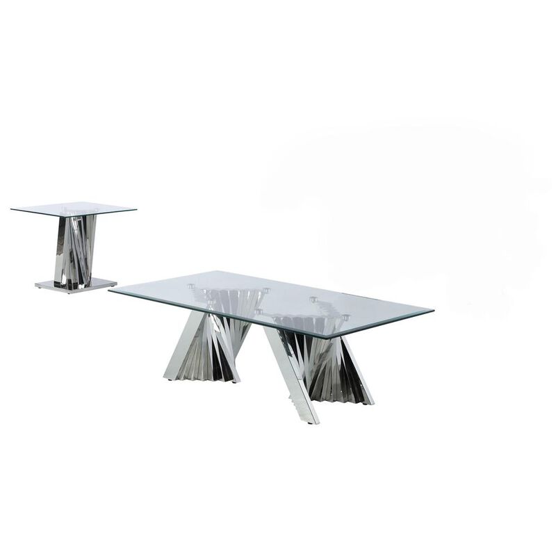 Best Quality Furniture Glass Coffee Table Sets: Coffee Table and End Table with Stainless Steel Base