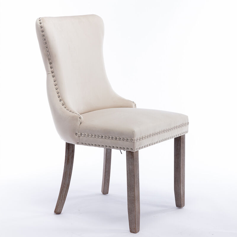 Streamdale 2 Beige Wingback Dining Chairs with Nailhead Trim & Wood Legs
