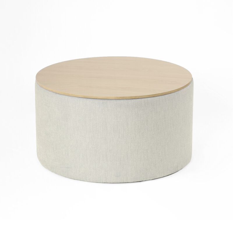 Mesy Storage Ottoman, 30 Inch Round Lift Tray Top, Light Gray Woven - Benzara