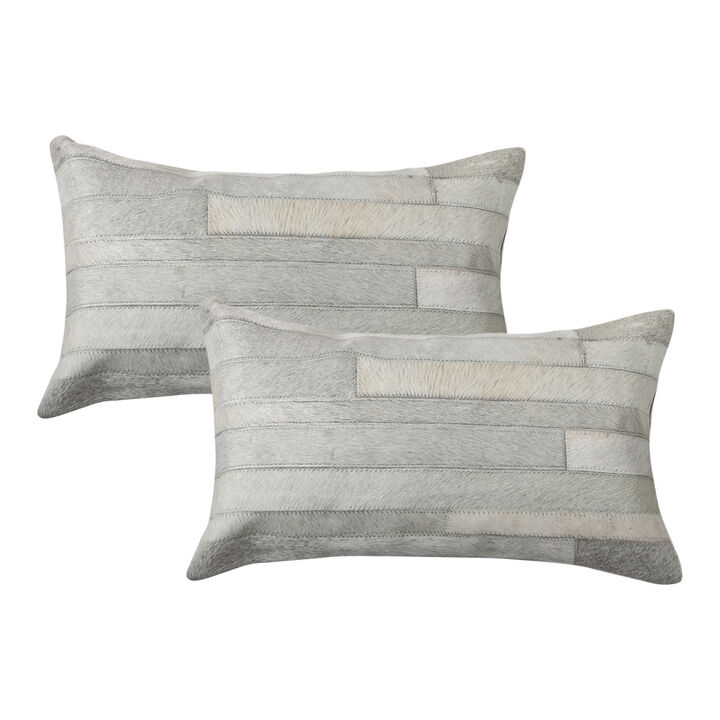HomeRoots Set of Two 12" X 20" Gray Patchwork Cowhide Lumbar Throw Pillows