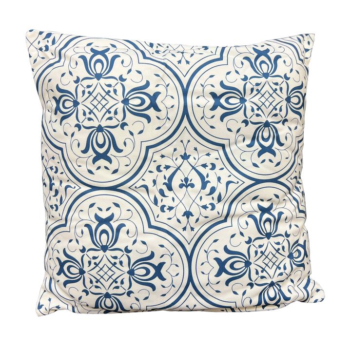 17 x 17 Inch Decorative Square Cotton Accent Throw Pillows, Classic Damask Print, Set of 2, Blue and White-Benzara