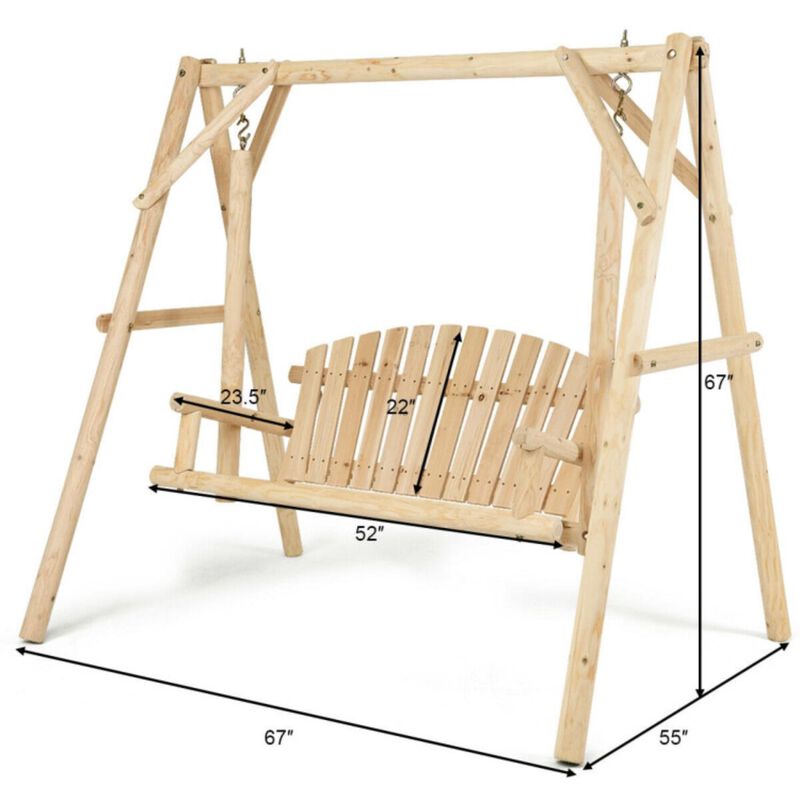 Hivvago Outdoor Wooden Porch Bench Swing Chair with Rustic Curved Back