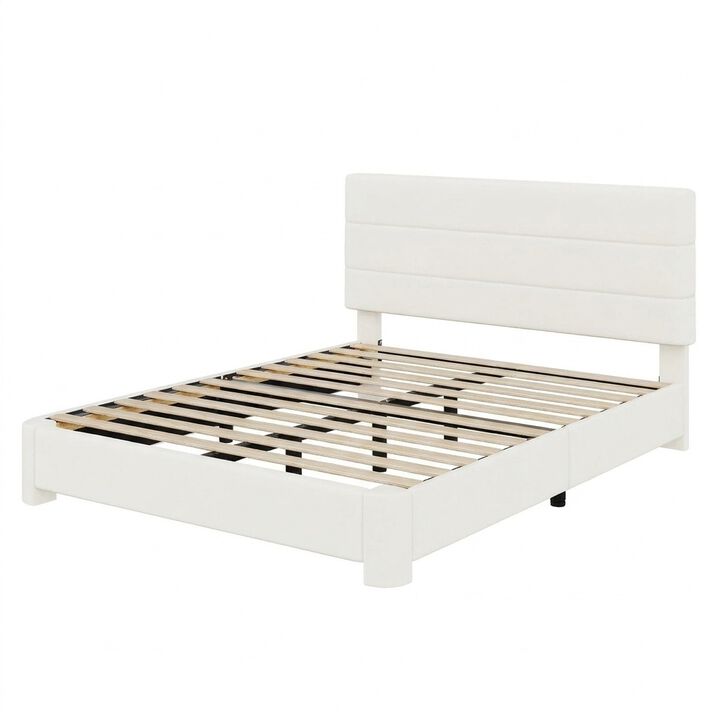 Vipbear Velvet Platform Bed Frame with Adjustable Headboard USB Charging Ports Noise Free, White