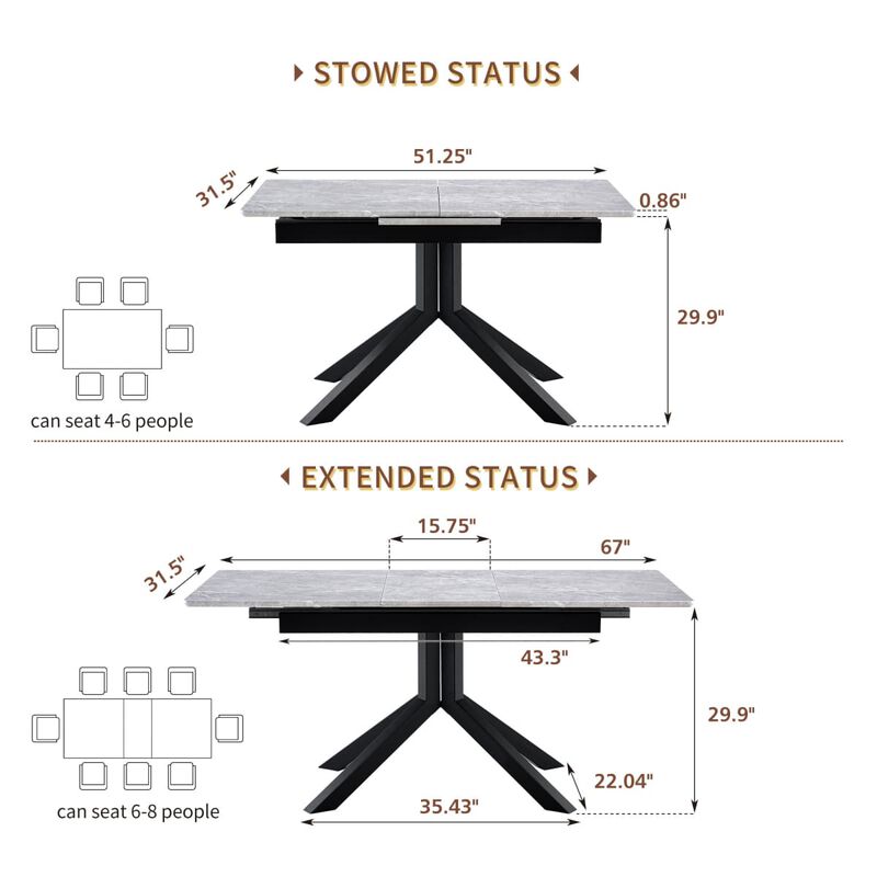 Rectangular Extendable Dining Table Laminated MDF top with geometric metal legs Modern dining table with automatic pop up leaf image number 2