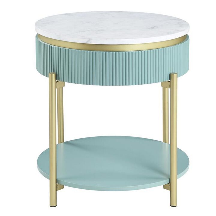 Ville 23 Inch Round Side End Table, White Faux Marble Top, Teal Reeded Edge