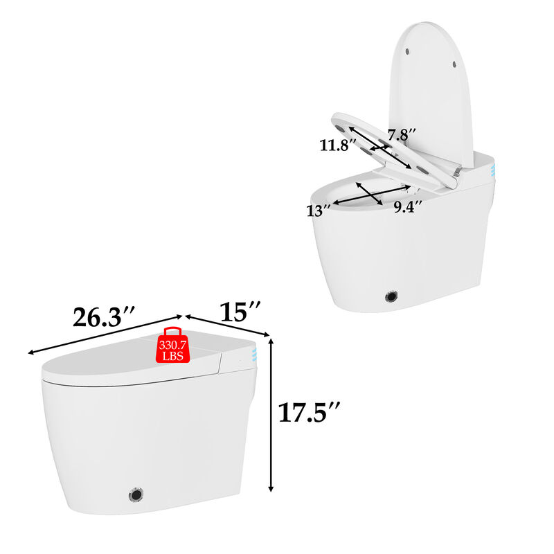 FUFU&GAGA Intelligent Ceramic Glazing Toilet with Automatic Opening Cover, Foot Sensor Flushing, Heated Seat, and Warm Air Drying (26.3 in. W x 15 in. D x 17.5 in. H), White