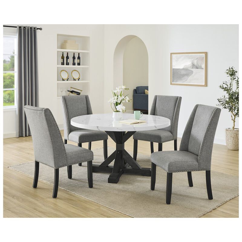 Best Quality Furniture 5Pc Faux Marble Table With 4 Rustic Gray Fabric Side Chairs